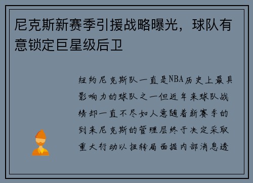 尼克斯新赛季引援战略曝光，球队有意锁定巨星级后卫