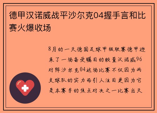 德甲汉诺威战平沙尔克04握手言和比赛火爆收场
