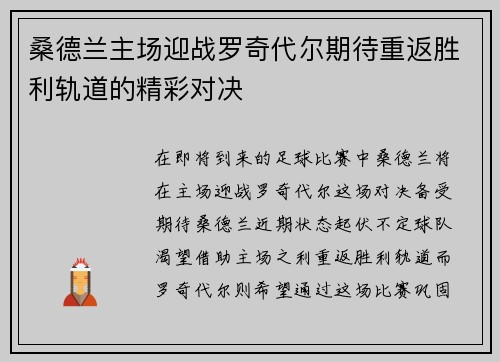 桑德兰主场迎战罗奇代尔期待重返胜利轨道的精彩对决