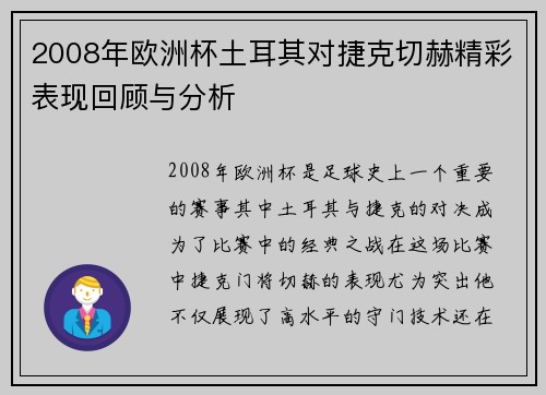 2008年欧洲杯土耳其对捷克切赫精彩表现回顾与分析
