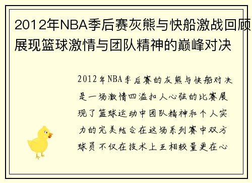 2012年NBA季后赛灰熊与快船激战回顾展现篮球激情与团队精神的巅峰对决