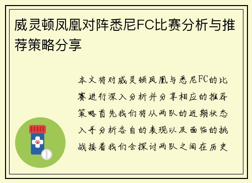 威灵顿凤凰对阵悉尼FC比赛分析与推荐策略分享