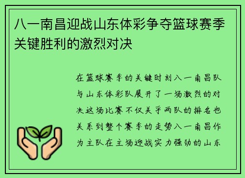 八一南昌迎战山东体彩争夺篮球赛季关键胜利的激烈对决