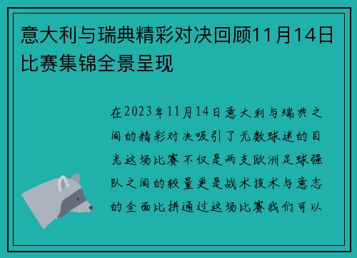 意大利与瑞典精彩对决回顾11月14日比赛集锦全景呈现
