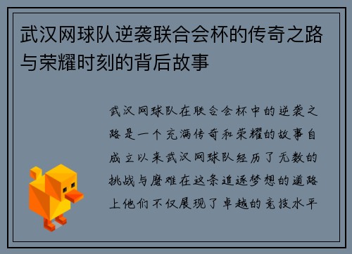 武汉网球队逆袭联合会杯的传奇之路与荣耀时刻的背后故事