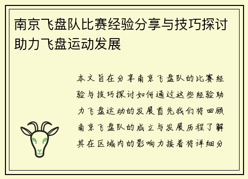 南京飞盘队比赛经验分享与技巧探讨助力飞盘运动发展